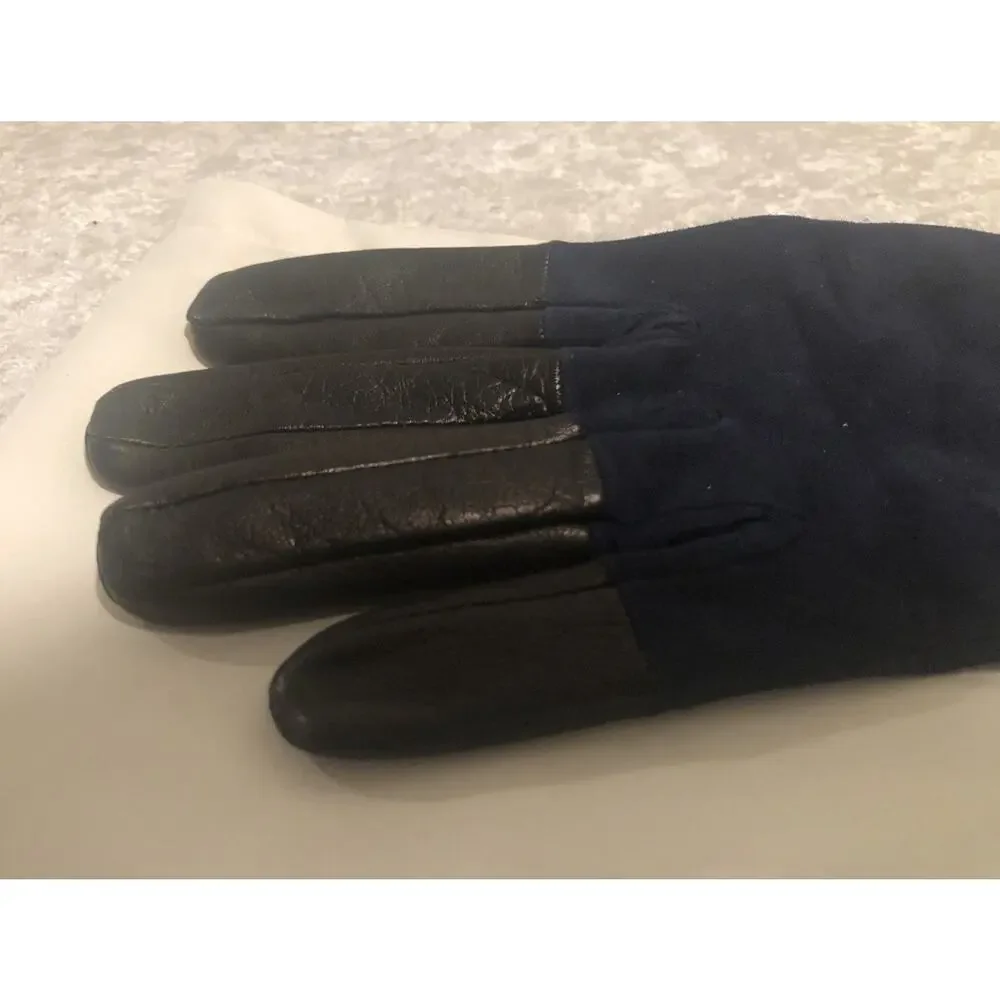 NWT Gucci Viola Blue Suede & Black Leather Marmont Logo Gloves Sz 7.5/M $630.00